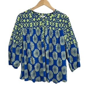 Crown & Ivy Geometric Mixed Print Balloon Sleeve Bright Colorful Blouse
